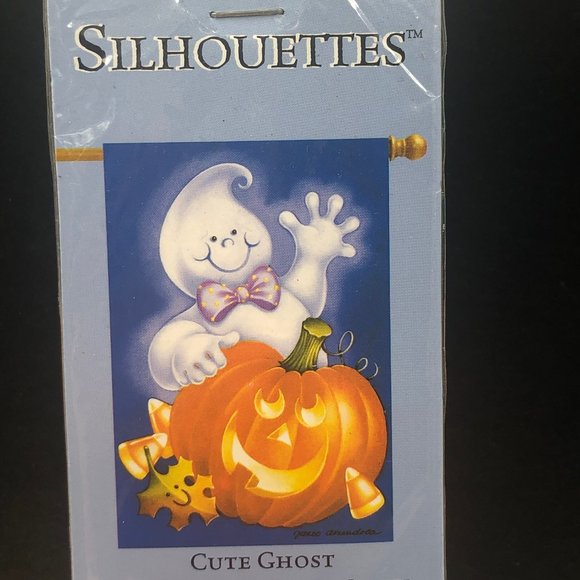 Halloween Silhouettes Cute Ghost lg Flag + Toland Scrarecrow Man Mini Flag LOT - Picture 3 of 5